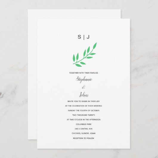 Invitation Emerald Green Leaf Grey Monogramme Nom Boho Mariag (Devant / Derrière)
