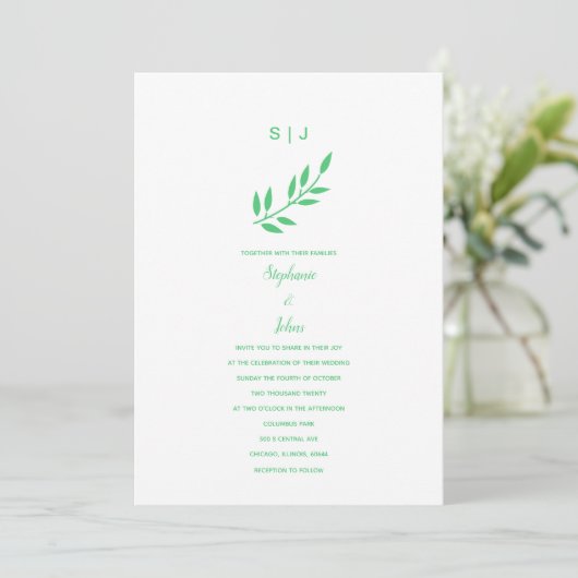 Invitation Emerald Green Leaf Monogramme Nom Boho Mariage 202 (Debout devant)