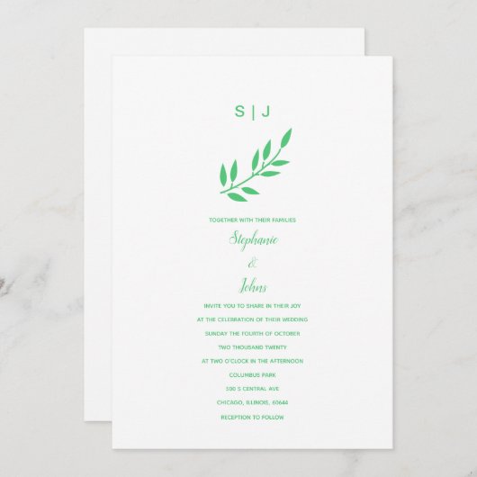 Invitation Emerald Green Leaf Monogramme Nom Boho Mariage 202 (Devant / Derrière)