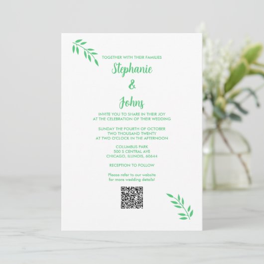 Invitation Emerald Green Leaf Script Blanc QR Code Mariage (Debout devant)