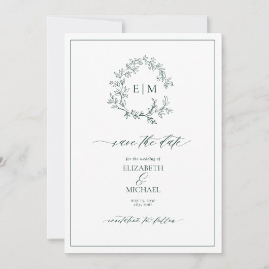 Invitation Emerald Green Leafy Crest Monogramme Enregistrer l (Devant)