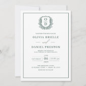 Invitation Emerald Green Leafy Crest Monogramme Mariage éléga (Devant)