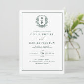 Invitation Emerald Green Leafy Crest Monogramme Mariage éléga (Debout devant)