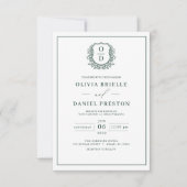 Invitation Emerald Green Leafy Crest Monogramme Mariage éléga (Devant)