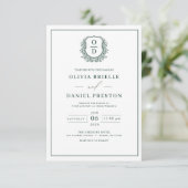 Invitation Emerald Green Leafy Crest Monogramme Mariage éléga (Debout devant)