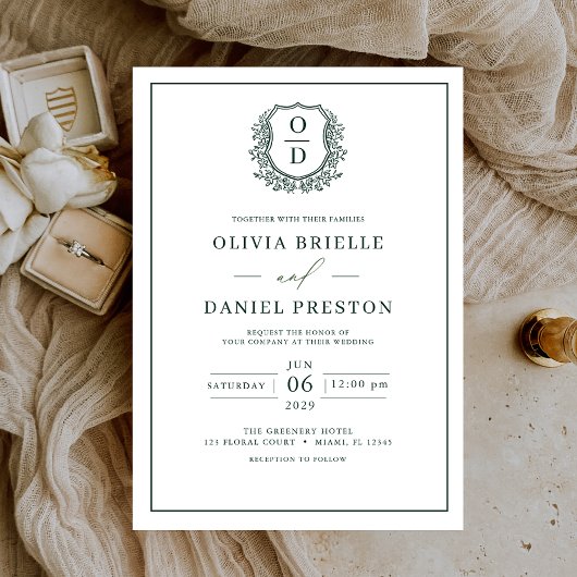 Invitation Emerald Green Leafy Crest Monogramme Mariage éléga
