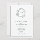 Invitation Emerald Green Leafy Crest Monogramme Mariage photo (Devant)