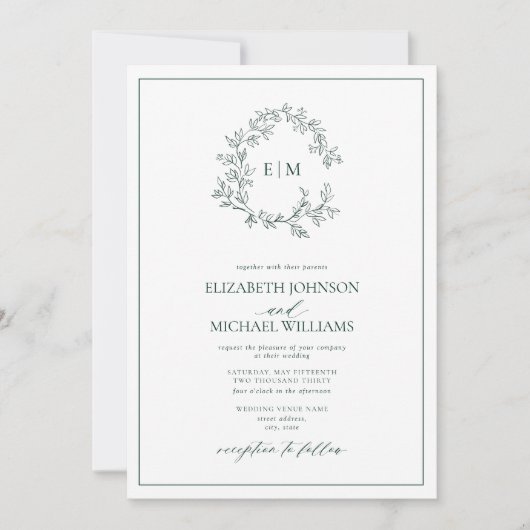 Invitation Emerald Green Leafy Crest Monogramme Mariage photo (Devant)