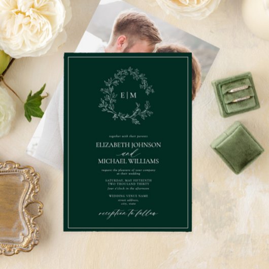 Invitation Emerald Green Leafy Crest Monogramme Mariage photo