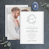 Invitation Emerald Green Leafy Crest Monogramme Mariage photo