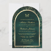 Invitation Emerald Green Line Art Gold Arch Mariage papillon (Devant)