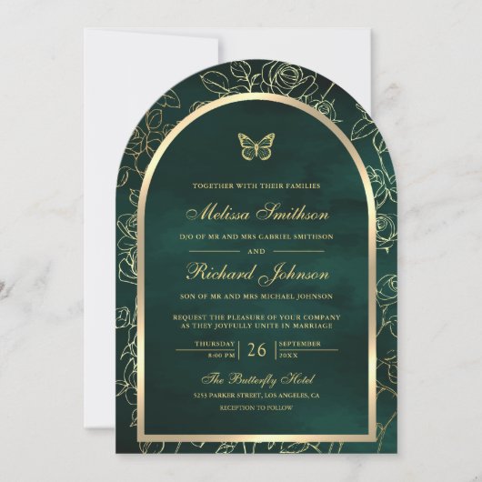 Invitation Emerald Green Line Art Gold Arch Mariage papillon (Devant)