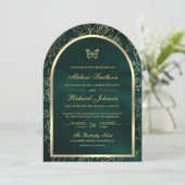 Invitation Emerald Green Line Art Gold Arch Mariage papillon (Debout devant)
