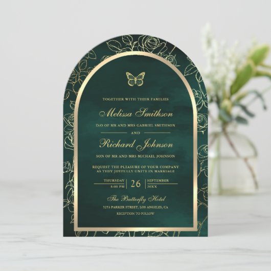 Invitation Emerald Green Line Art Gold Arch Mariage papillon (Debout devant)