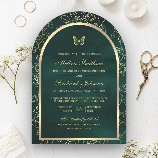 Invitation Emerald Green Line Art Gold Arch Mariage papillon