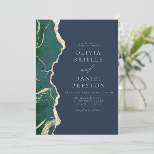 Invitation Emerald Green Marine Blue Agate Code QR Mariage (Debout devant)