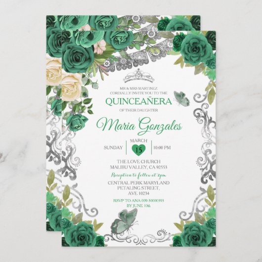 Invitation Emerald Green Mexicaine Charra Mis Quince Butterfl (Devant / Derrière)