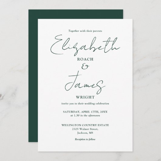 Invitation Emerald Green Minimalist Élégant Mariage de script (Devant / Derrière)
