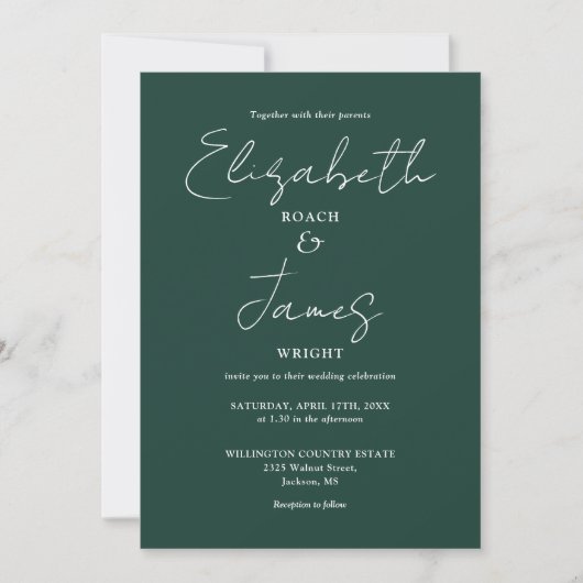 Invitation Emerald Green Minimalist Élégant Mariage de script (Devant)