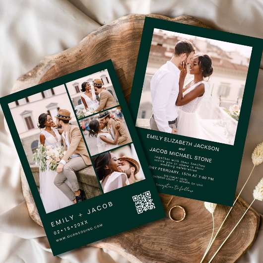 Invitation Emerald Green Minimaliste photo Code QR Mariage