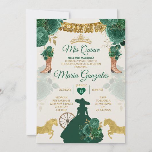 Invitation Emerald Green Mis Quince 15 Anos Gold Crown (Devant)