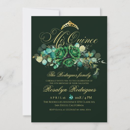 Invitation Emerald green Mis Quince 15e anniversaire (Devant)