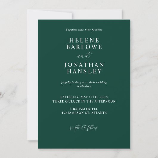 Invitation Emerald Green Moderne Classique Mariage élégant (Devant)