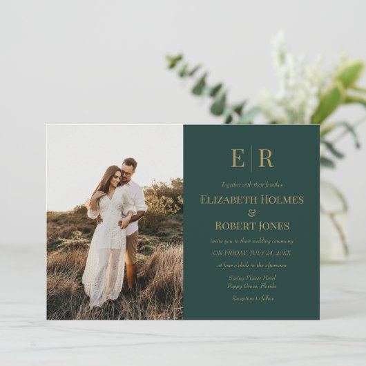 Invitation Emerald Green Monogram Couple Photo Mariage (Debout devant)