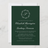 Invitation Emerald Green Monogram Wreath White Script Mariage (Devant)