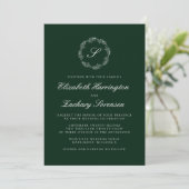 Invitation Emerald Green Monogram Wreath White Script Mariage (Debout devant)