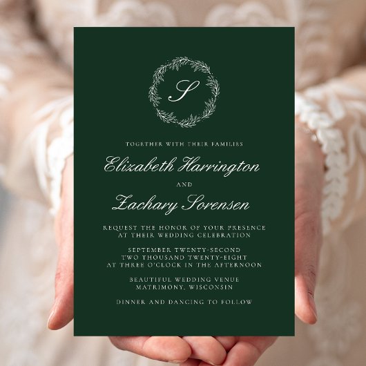 Invitation Emerald Green Monogram Wreath White Script Mariage