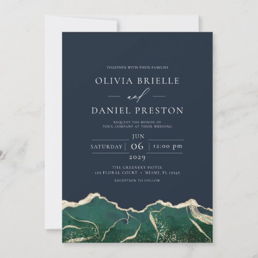 Invitation Emerald Green Navy Blue Gold Agate Mariage (Devant)