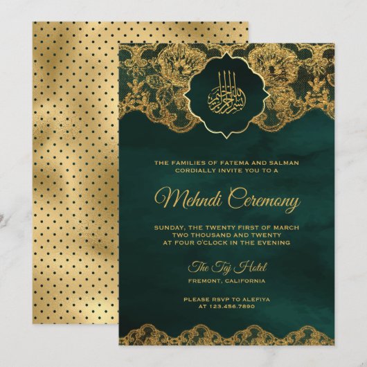 Invitation Emerald Green Or dentelle de l'or islamique Mehndi (Devant / Derrière)