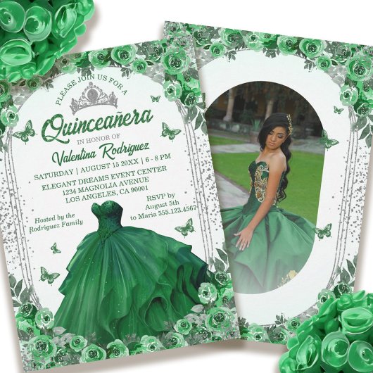 Invitation Emerald Green Parties scintillant argenté Floral Q