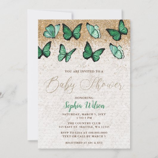 Invitation Emerald Green Parties scintillant papillon Baby (Devant)