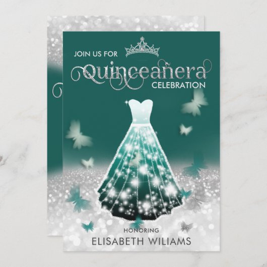 Invitation Emerald Green parties scintillant robe argent papi (Devant / Derrière)