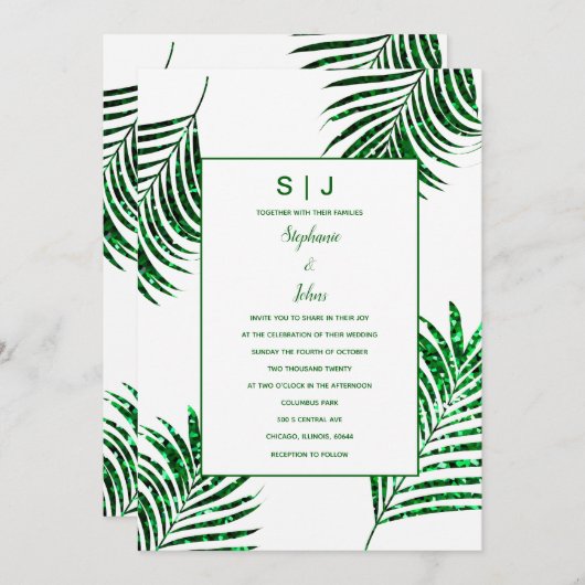 Invitation Emerald Green Parties scintillant Tropical Palm Le (Devant / Derrière)