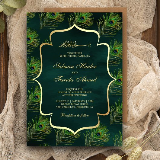 Invitation Emerald Green Peacock plumes Mariage musulman
