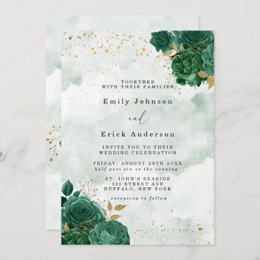 Invitation Emerald Green Peony Mariage de Parties scintillant (Devant / Derrière)