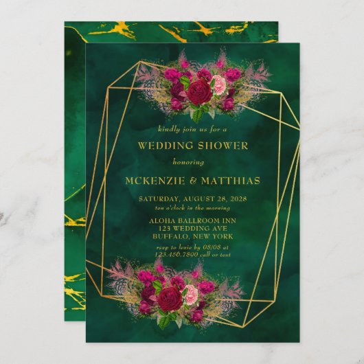 Invitation Emerald Green Peony Rose Wedding shower (Devant / Derrière)