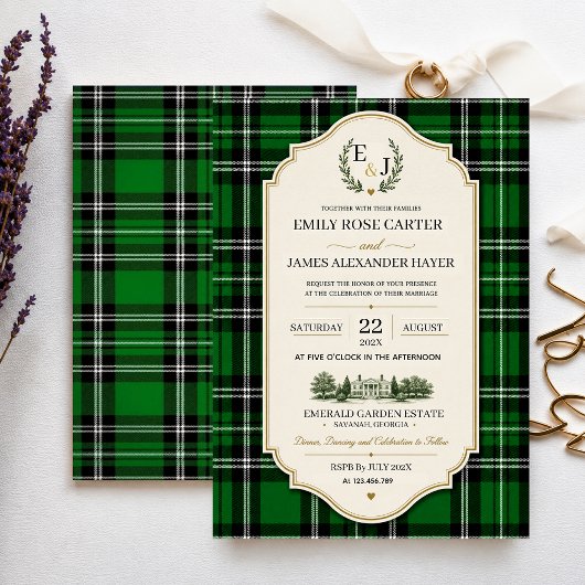 Invitation Emerald Green Plaid Elegant Scottish