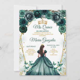 Invitation Emerald Green Princess Quinceañera Crown Floral
