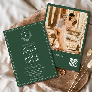 Invitation Emerald Green QR Code Elegant Crest Photo Mariage
