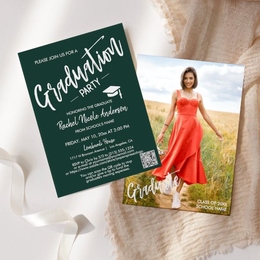 Invitation Emerald Green QR Code Photo Graduation Party