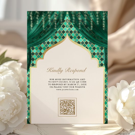 Invitation Emerald Green Quatrefoil or QR Code Mariage Sikh
