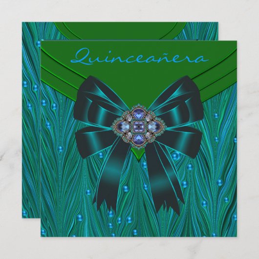 Invitation Emerald Green Quinceanera bleu Turquoise (Devant / Derrière)