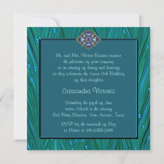 Invitation Emerald Green Quinceanera bleu Turquoise (Dos)