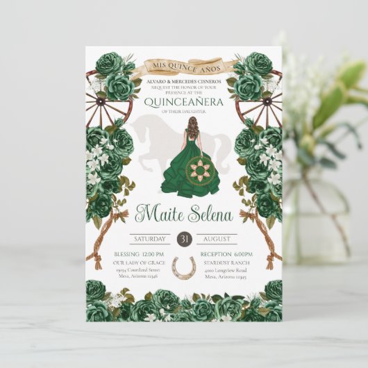 Invitation Emerald Green Quinceanera Élégant Rose Charro (Debout devant)