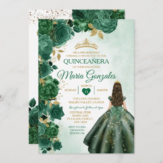 Invitation Emerald Green Quinceañera mexicain 16e papillon (Devant / Derrière)