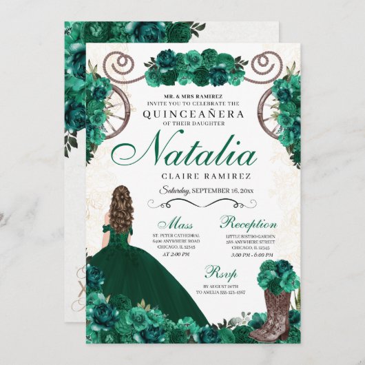 Invitation Emerald Green Ranchero Princesse Robe Quinceanera (Devant / Derrière)